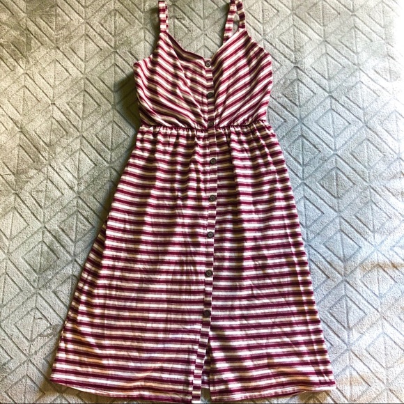 Burgundy/white striped shin length midi dress - Picture 1 of 6